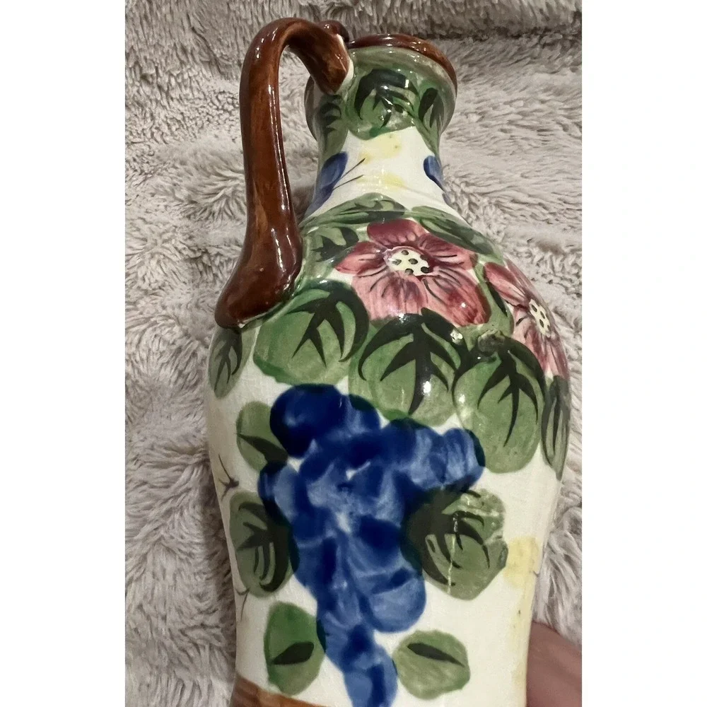 Vintage Hand‎ Painted Floral Peacock Pottery Jug Made in Japan 7.5